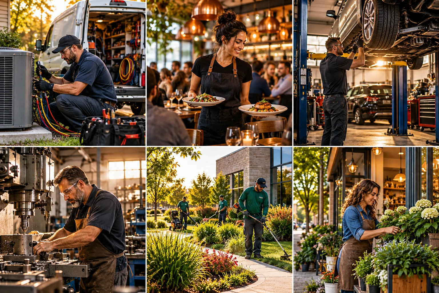 Illustrative collage of HVAC, restaurant, auto repair, manufacturing, landscaping and retail businesses